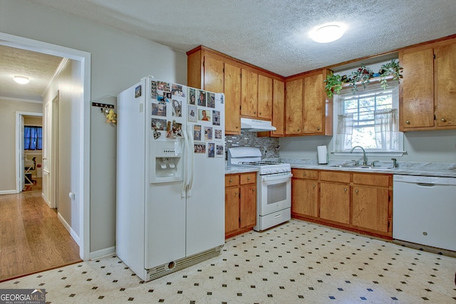 kitchen featuring sink, ornamental molding, a textured ceiling, white appliances, and light wood-type flooring