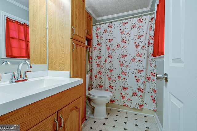 bathroom featuring a shower with shower curtain, vanity, a textured ceiling, crown molding, and toilet