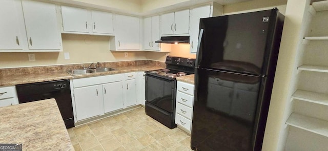 kitchen with white cabinets, sink, and black appliances