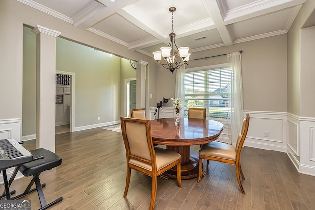 dining room with coffered ceiling, beamed ceiling, decorative columns, a chandelier, and wood-type flooring