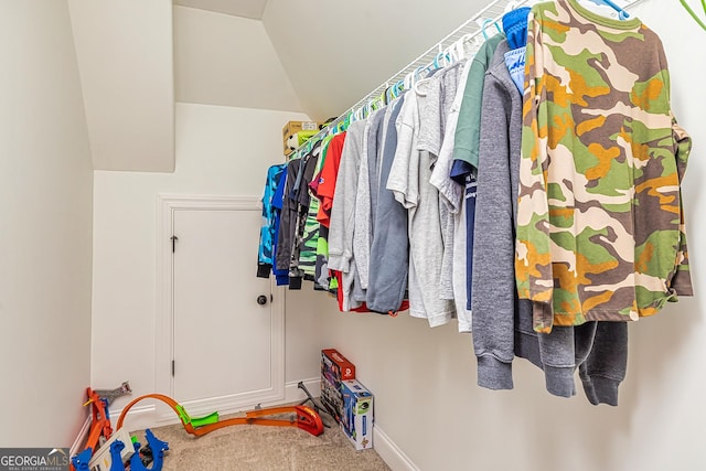 spacious closet with carpet flooring and lofted ceiling