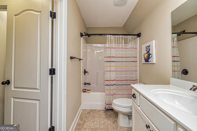 full bathroom with tile patterned floors, shower / bath combination with curtain, toilet, and vanity