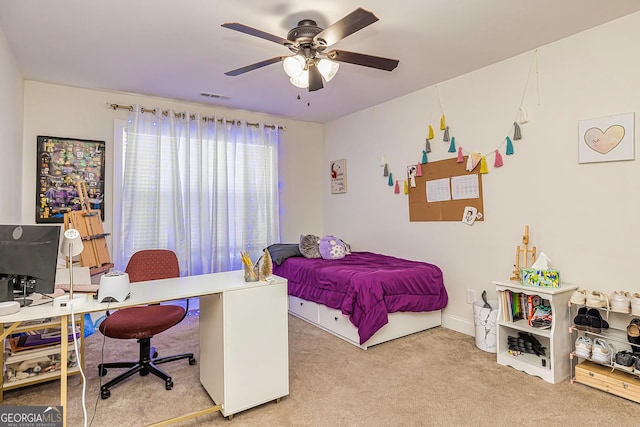 bedroom featuring carpet flooring and ceiling fan