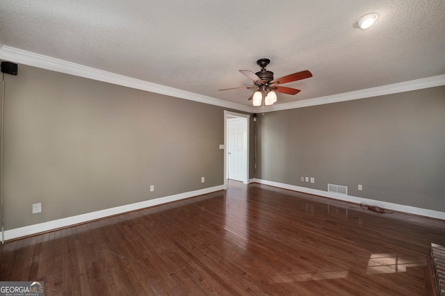 empty room with ornamental molding, a textured ceiling, ceiling fan, and dark wood-type flooring