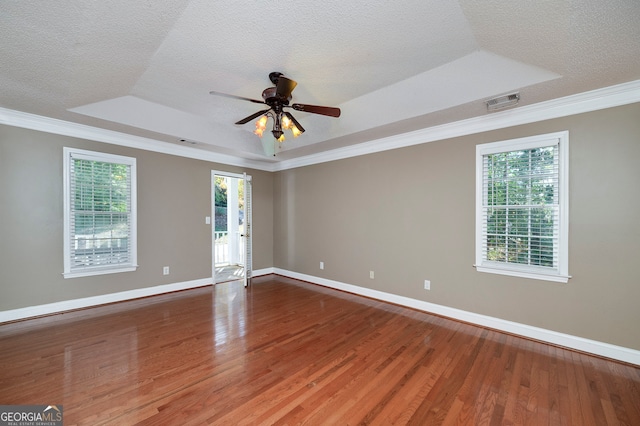 empty room with hardwood / wood-style flooring, a raised ceiling, and a wealth of natural light