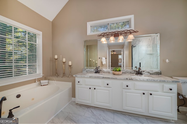 bathroom with vanity, plus walk in shower, and high vaulted ceiling