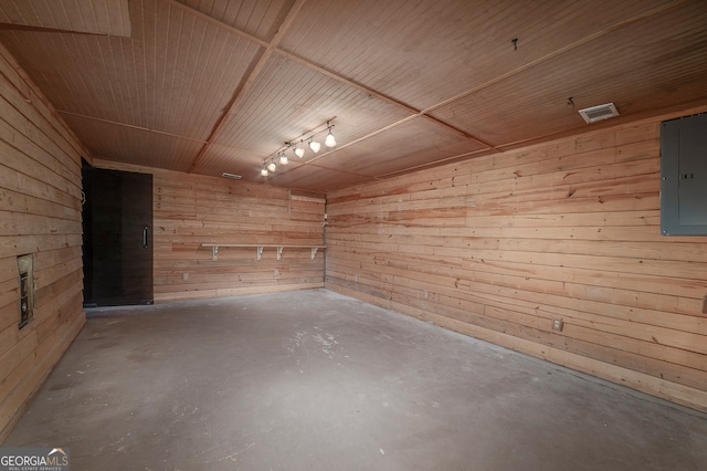 interior space with wooden ceiling, electric panel, and wooden walls