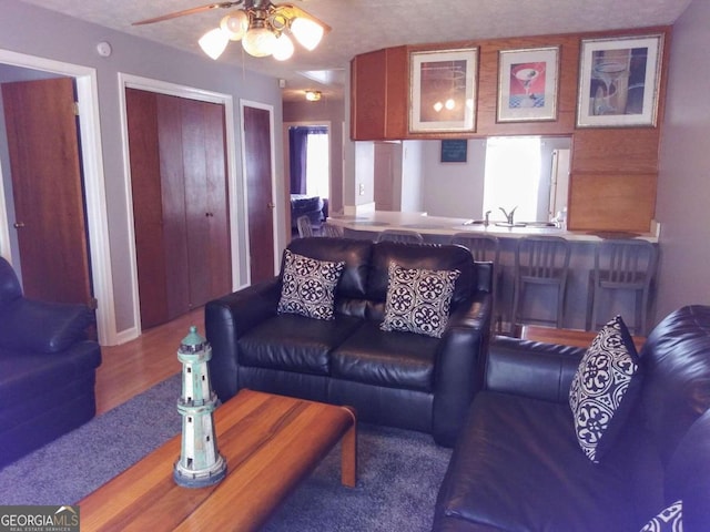 living room with a textured ceiling, hardwood / wood-style flooring, plenty of natural light, and ceiling fan