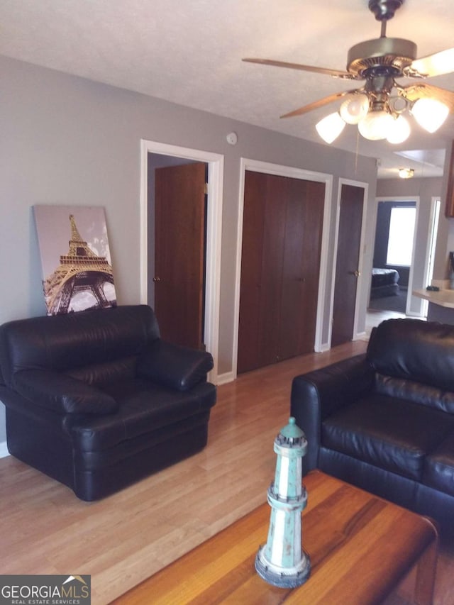 living room featuring hardwood / wood-style floors and ceiling fan