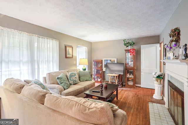 living room with light hardwood / wood-style floors and a textured ceiling