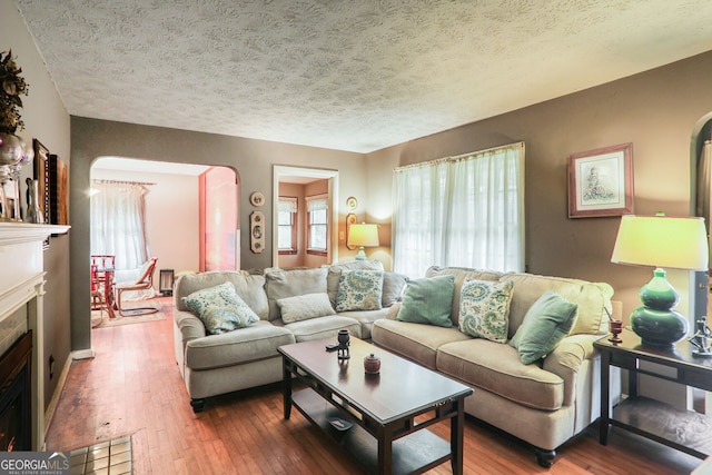 living room featuring wood-type flooring and a textured ceiling