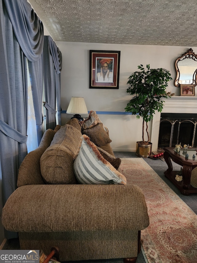 living room featuring carpet flooring and a textured ceiling