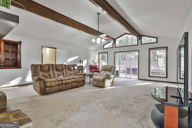 carpeted living room featuring ceiling fan, beam ceiling, a textured ceiling, and high vaulted ceiling