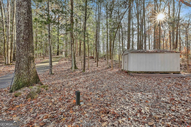 view of yard featuring a storage unit