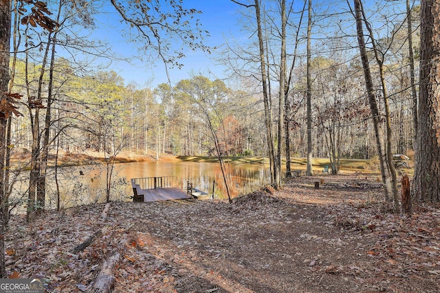 view of yard featuring a dock and a water view