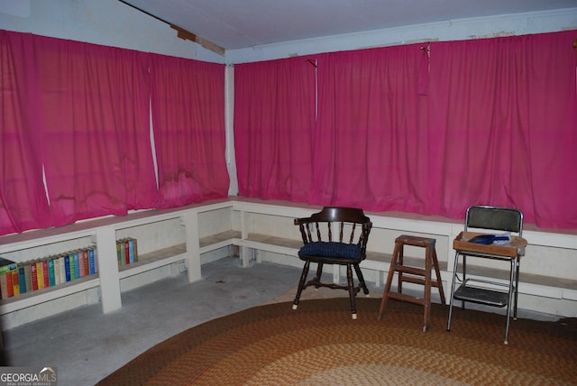 interior space featuring lofted ceiling and concrete flooring