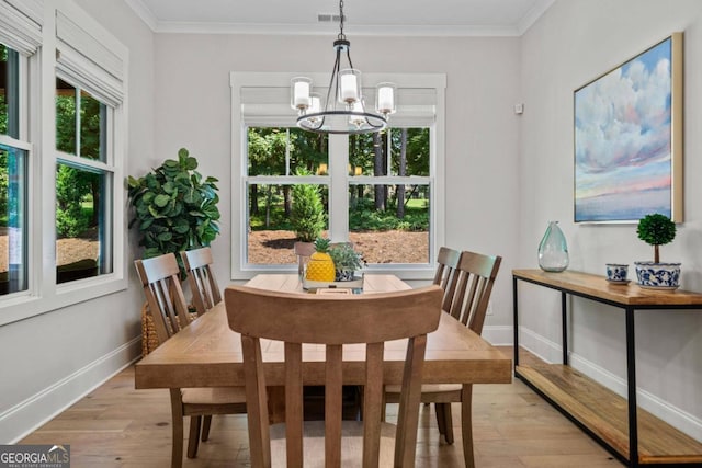 dining area with light hardwood / wood-style flooring, a wealth of natural light, and crown molding