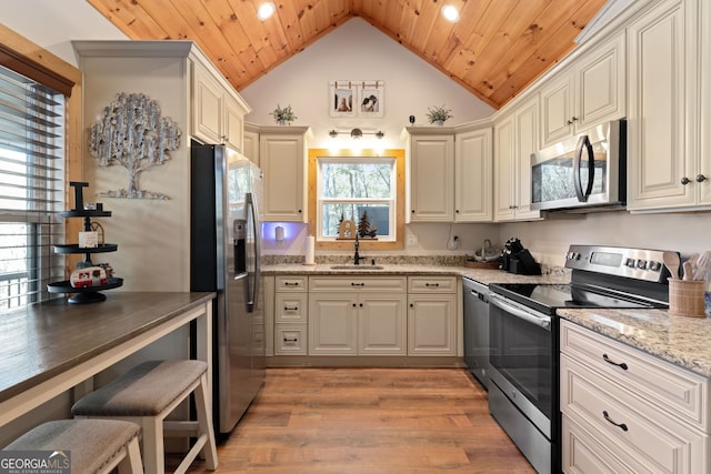 kitchen with light stone countertops, stainless steel appliances, light hardwood / wood-style floors, vaulted ceiling, and wood ceiling