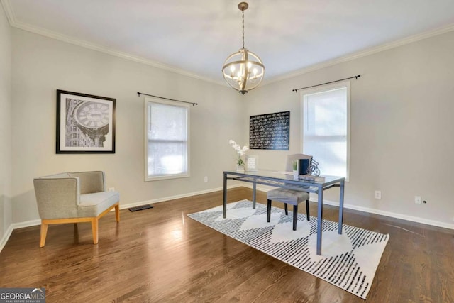 home office with crown molding, dark wood-type flooring, and an inviting chandelier