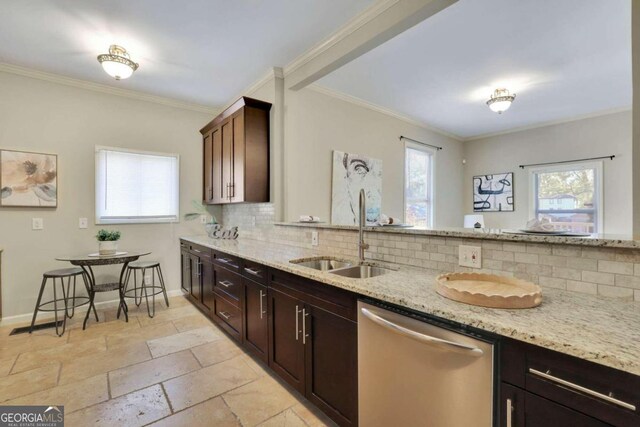 kitchen with tasteful backsplash, dishwasher, a healthy amount of sunlight, and sink