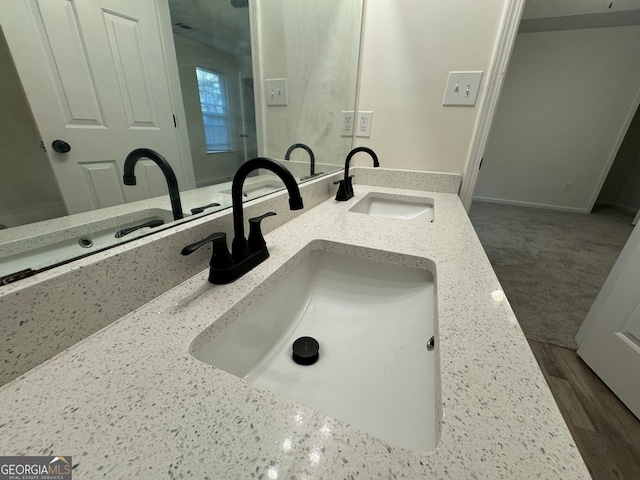 interior details featuring vanity and hardwood / wood-style flooring