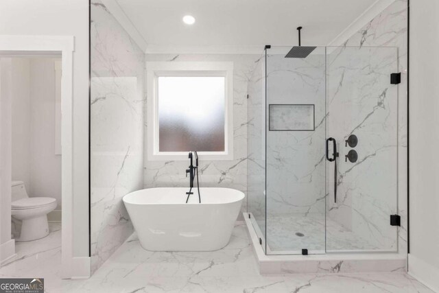 bathroom with crown molding, independent shower and bath, and toilet