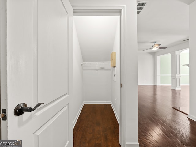 spacious closet with ceiling fan and dark hardwood / wood-style flooring