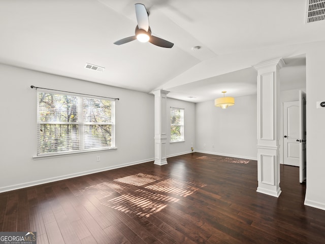 unfurnished living room with ceiling fan, dark hardwood / wood-style flooring, and lofted ceiling