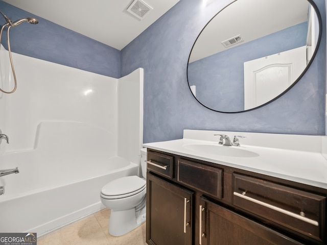 full bathroom featuring tile patterned floors, shower / bathing tub combination, vanity, and toilet