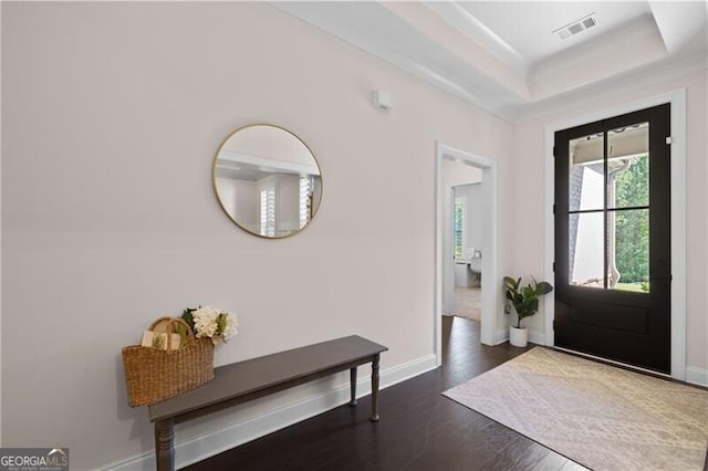 foyer with dark hardwood / wood-style flooring and a tray ceiling