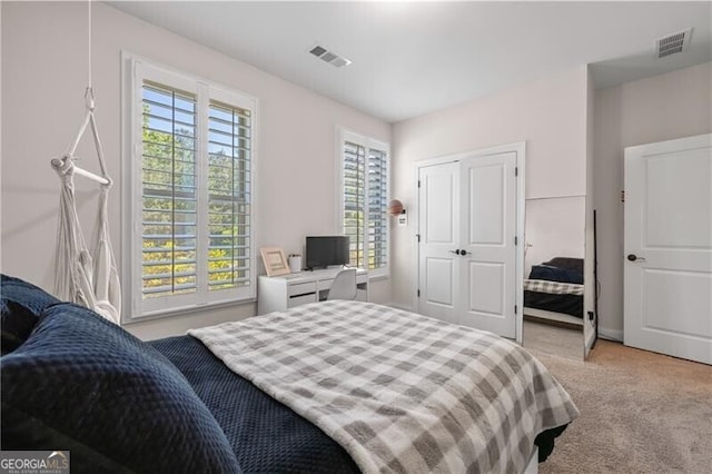 carpeted bedroom with multiple windows