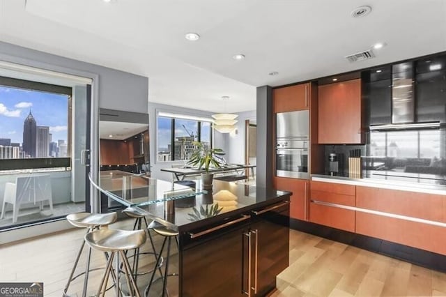 kitchen with pendant lighting, light wood-type flooring, and appliances with stainless steel finishes