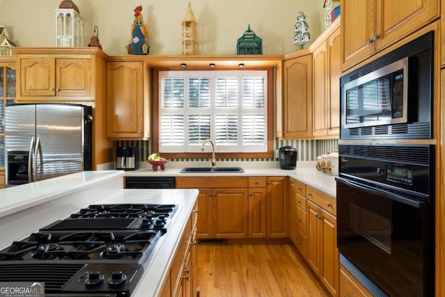 kitchen with sink, light hardwood / wood-style flooring, and black appliances