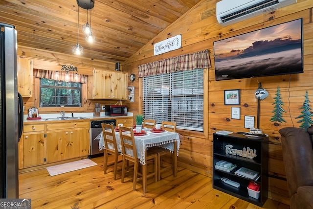 kitchen featuring appliances with stainless steel finishes, wooden walls, a wall unit AC, wooden ceiling, and light hardwood / wood-style flooring