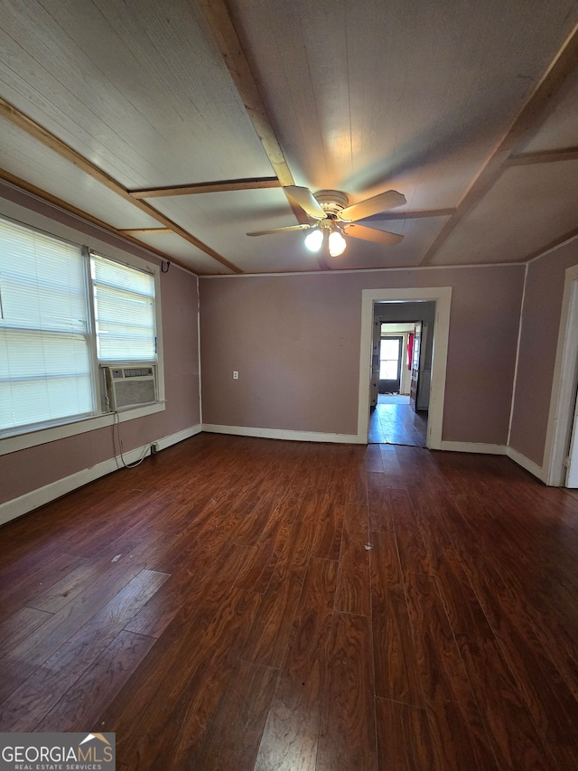 unfurnished room featuring ceiling fan, cooling unit, and dark wood-type flooring