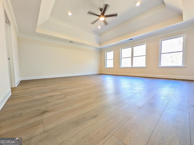 empty room featuring light hardwood / wood-style floors and a tray ceiling