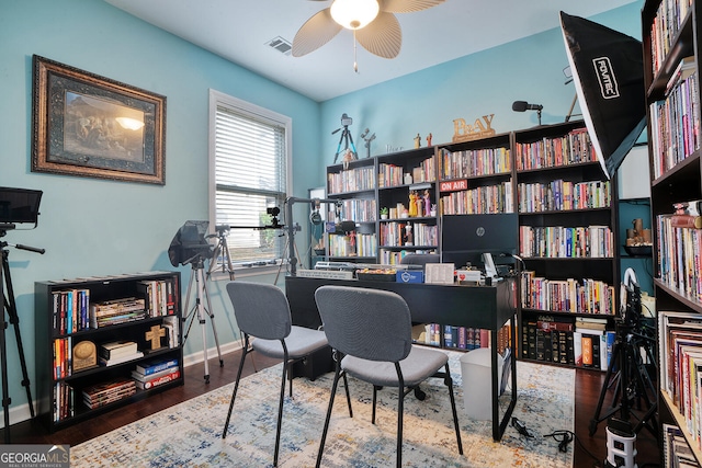 office with ceiling fan and wood-type flooring