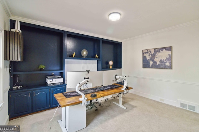 office area featuring light colored carpet and ornamental molding