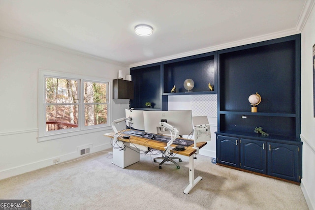 office with ornamental molding and light colored carpet