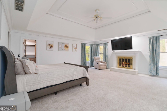 carpeted bedroom featuring ceiling fan, ornamental molding, a raised ceiling, and a spacious closet