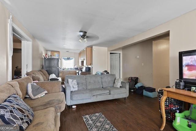 living room with ceiling fan and dark hardwood / wood-style flooring