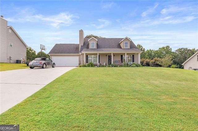 cape cod house with a garage, a porch, and a front yard