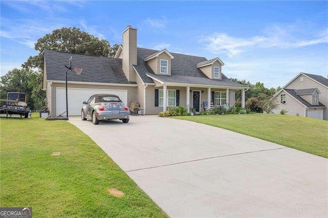 cape cod house with covered porch, a garage, and a front lawn