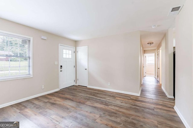 foyer entrance with dark wood-type flooring and a wealth of natural light