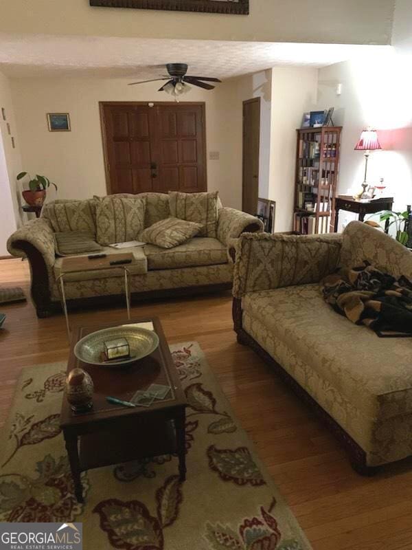 living room with ceiling fan and hardwood / wood-style floors