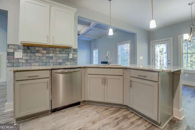 kitchen featuring dishwasher, sink, coffered ceiling, backsplash, and light wood-type flooring