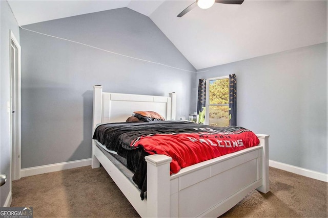 bedroom featuring carpet, vaulted ceiling, and ceiling fan