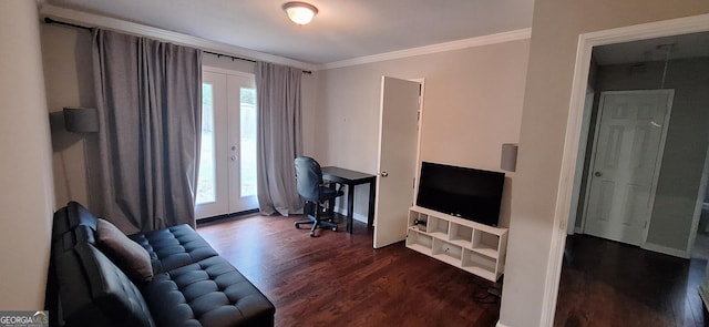 home office featuring french doors, crown molding, and dark wood-type flooring