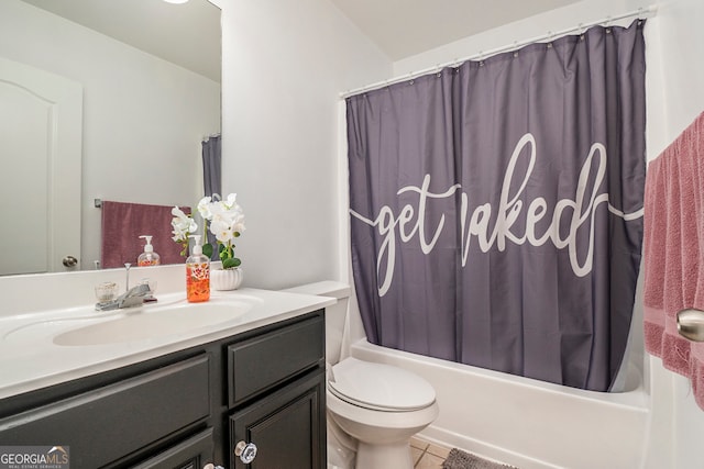 full bathroom with tile patterned flooring, vanity, shower / bath combo, and toilet