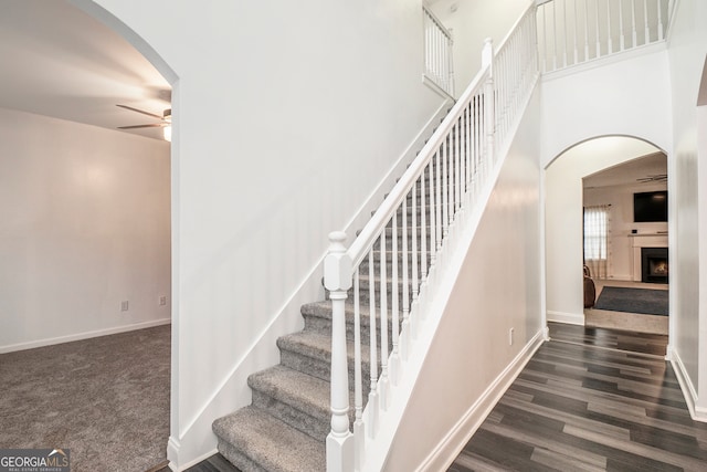 stairway featuring wood-type flooring and ceiling fan